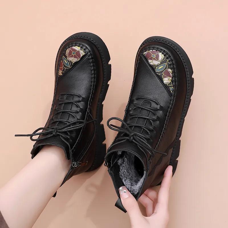 Fashion Winter Women Leather Ankle Boots Female Non-slip Warm Snow Boots Mother Waterproof Flat Heels Booties Free Shipping