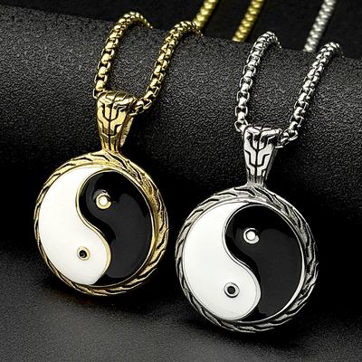 Yin Yang Enamel Pendant Necklace for Women Men Stainless Steel Gold Plated Chinese Taoism Ba Gua Taichi Symbol Box Chain Jewelry