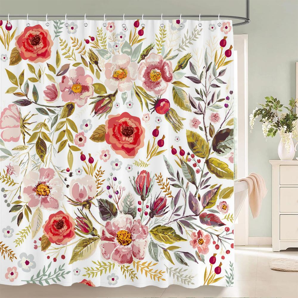 Flowers Butterfly Pattern Shower Curtains Bathroom Curtains Waterproof Polyester Bath Curtain with 12 Hooks Shower Curtain