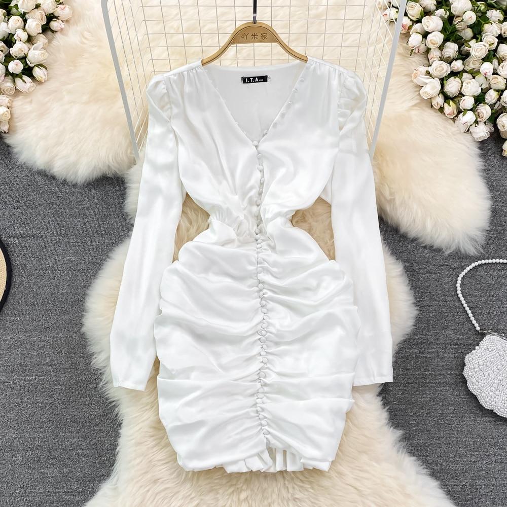 RUGOD High Quality Sexy V-neck Dress Spring 2025 New Slim Slim Pleated Ruffle Hip Wrap Short Dress Single-breasted