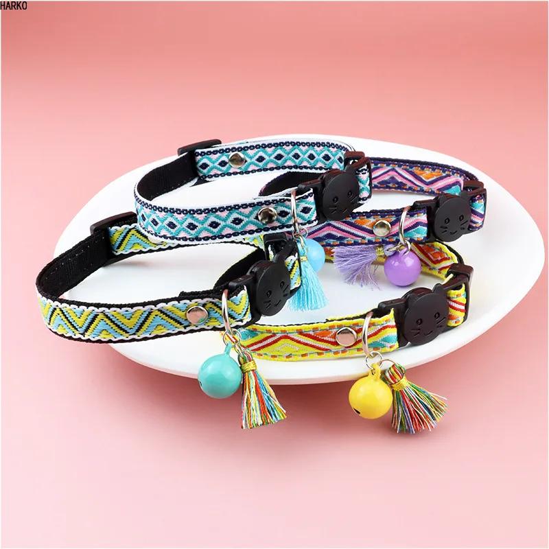 Adjustable Cat Collar With Tassels And Bells Embellished Pet Collar Colorful Plaid Jacquard Pattern For Cat And Dog Collars Decor