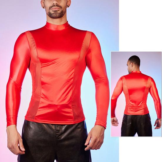 Men Sexy Mesh T-Shirt Oil Glossy Shiny Top Patchwork Tight-Fit Top Breathable Long Sleeve