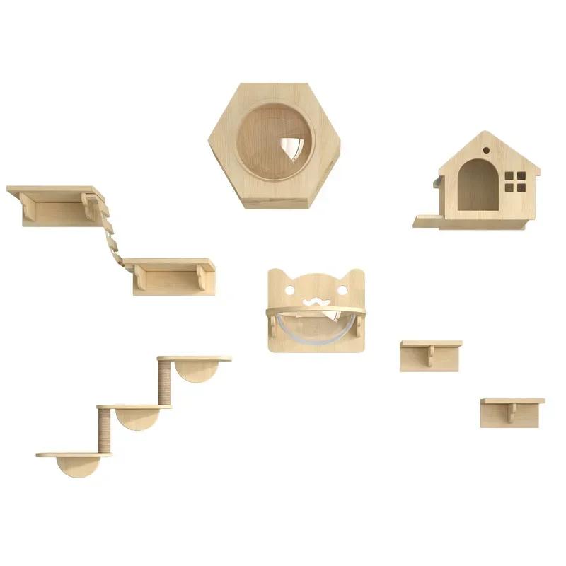 Wooden Cat House Elevated Bed for Cats Wall Mounted Kitten Villa Climbing Shelf for Pets Floating Shelves for Sleeping