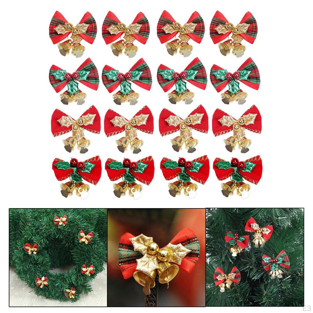 4Pcs Christmas Bow Bell Supplies Glitter Pendant Crafts Topper Charm Xmas Tree Hanging Decorations