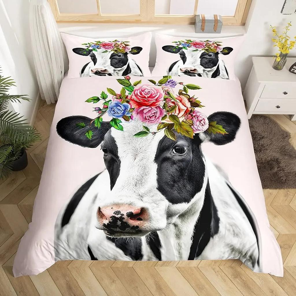 Cows Duvet Cover Set Black and White Milk Cow Print Comforter Cover Animal Theme Bedding Set Room Decor Pink King Quilt Covers