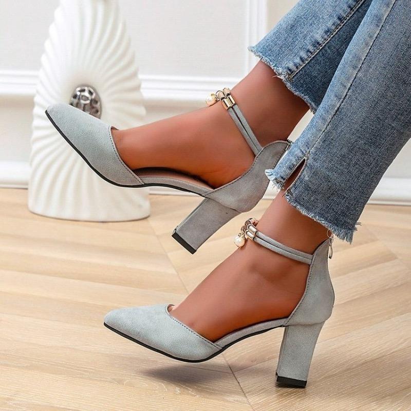 

Fashion Summer Dress Party Modern Sandals 2025 Women s Ankle Strap High Heels Pointed Toe Pearl Metal Decoration Back Zipper Chunky Heel 40 серый