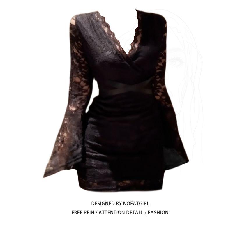 Plus-Size French-Style V-Neck Lace Bell-Sleeve Dress for Women, Autumn Tie-Waist Pure Desire Bodycon Short Dress Dress M