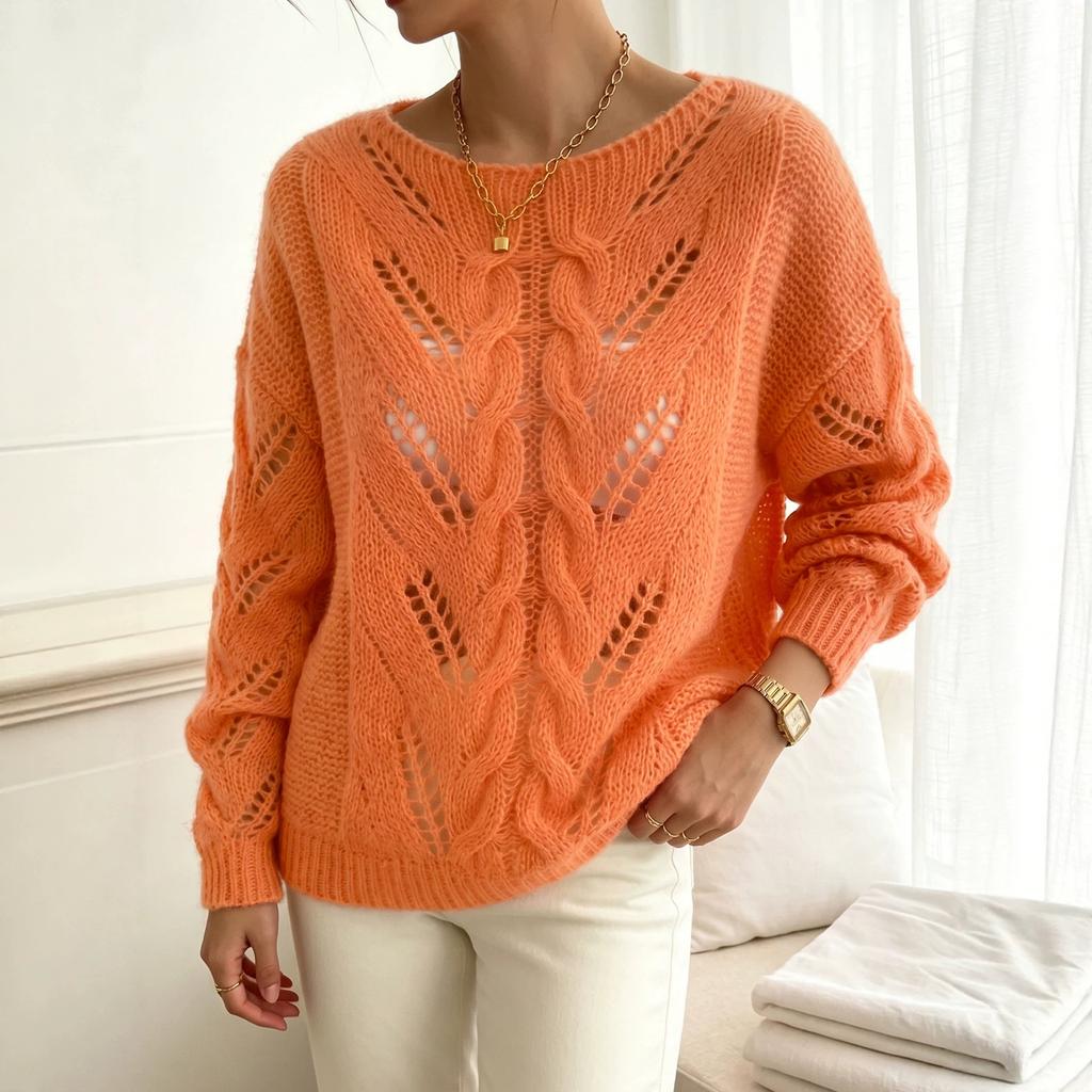 Women's Crew Neck Knitwear, Long Sleeve, Loose Fit for Fall and Winter
