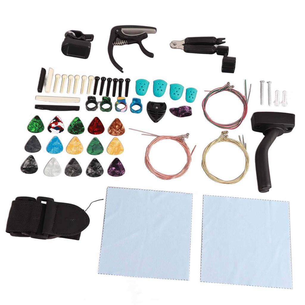 66Pcs Guitar Accessories Kit Guitar String Wall Mount Bracket Strap Tuner Picks Index Finger Plectrums Pins Set