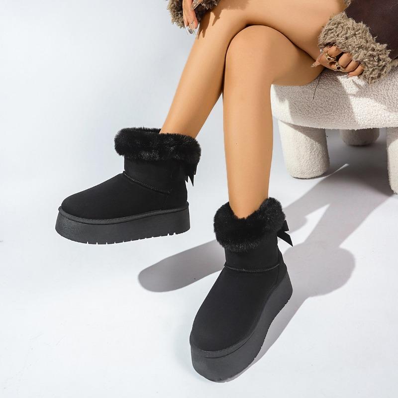 Fashion 2025 Winter Bow Pile Thick Cotton Boots Casual Thick Soled Mid-tube Snow Boots Outdoor Wear Resistant Women's Plush Boots