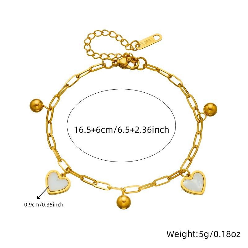 Gold Plated Paperclip Chain Bracelet with Mother of Pearl Heart Charms Fashion Jewelry for Women