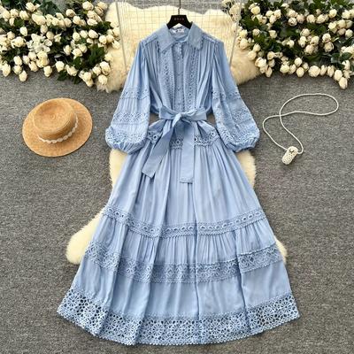 Vintage Polo-neck Elegant Long Lantern Sleeves Chic Lace Spliced Bandage Slim Dresses French Evening High Street Autumn Clothing