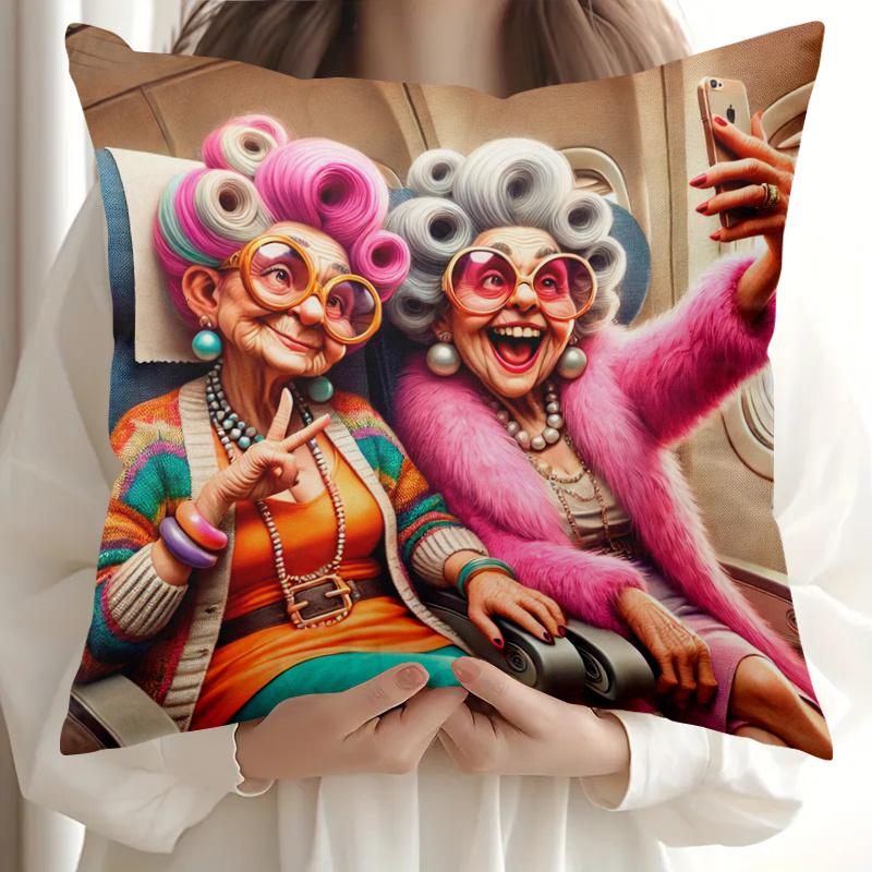 1Pc Grandma Selfie On Plane Print Throw Pillow Cover,Suitable For Sofa,Bedroom,Living Room,A Stylish Gift For Best Friends