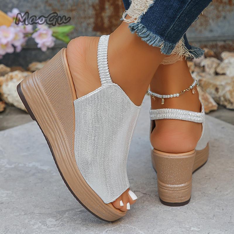 Fashion Gold Platform Wedge Sandals for Women Open Toe Thick Sole Summer Beach Shoes Woman Fashion Elastic Ankle Strap High Heel Sandals