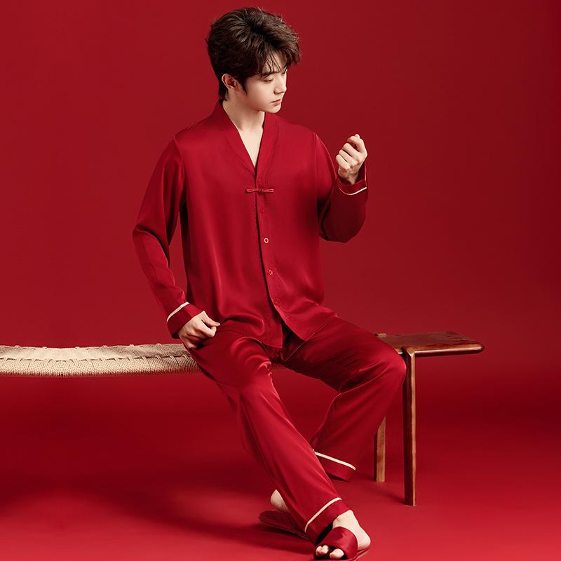 Couple's Chinese Style Pajama Set Long Sleeve Ice Silk Red Sleepwear Men’s Spring Autumn Wedding Gift Loungewear