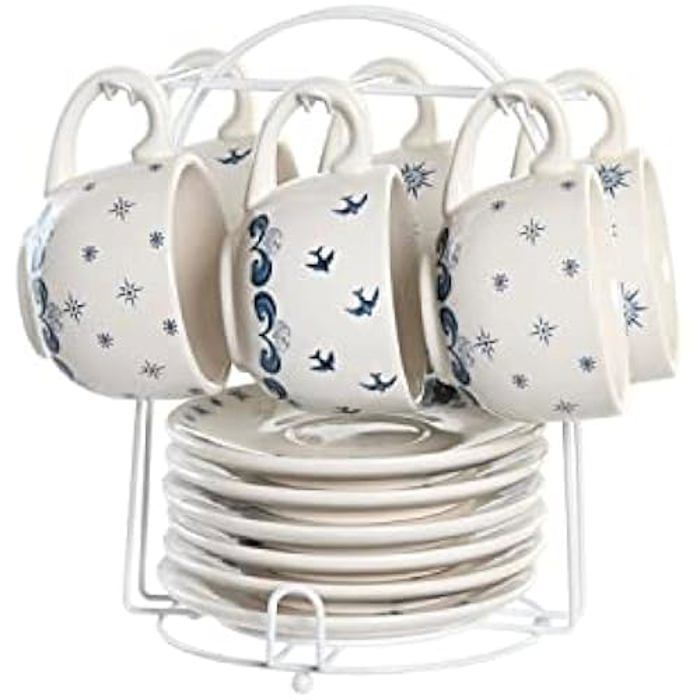 Set De Tasses Avec Assiettes - DKD HOME DECOR - Métal - Bleu Et Blanc - Rond - Élégant