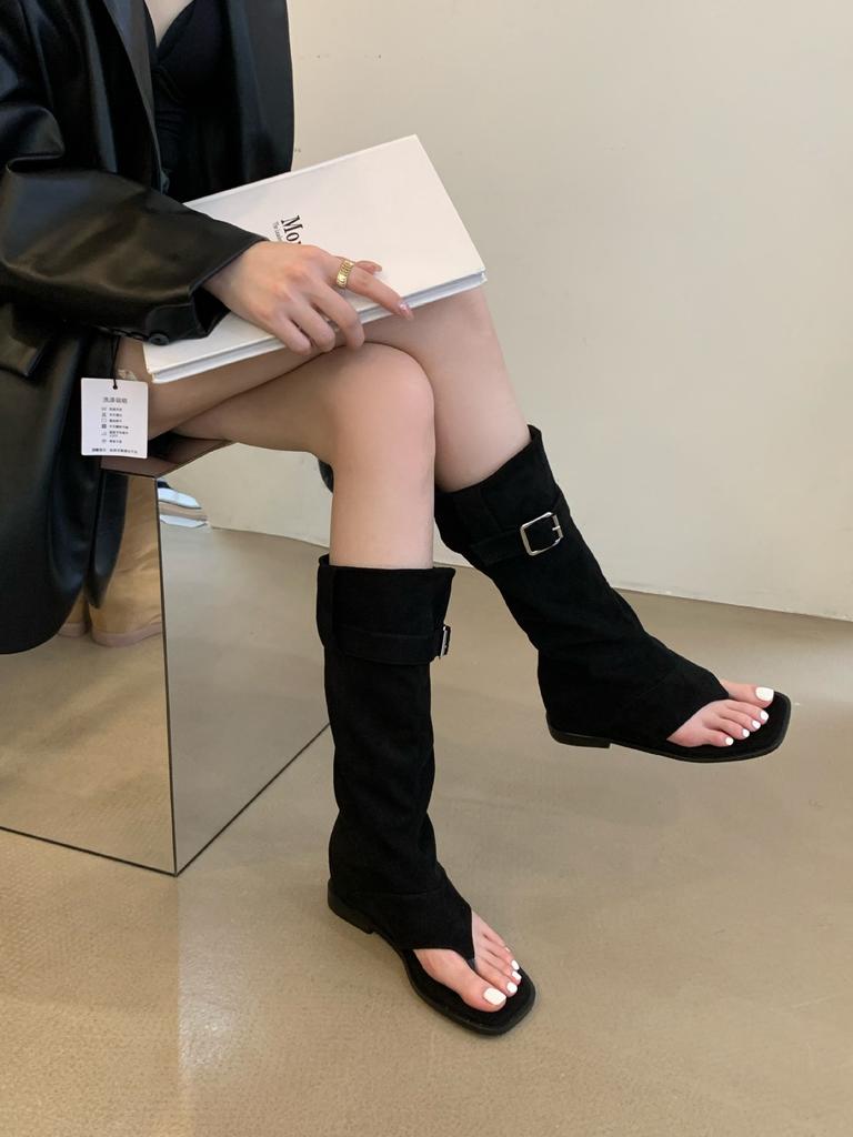 Women Sexy Black Suede Ruffled Boots Women  Summer Clip Toe Flat Gladiator Sandals Woman Western Cowboy Boots Sandals Mujer