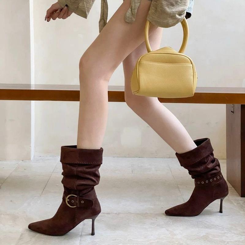 Autumn Women's High Heel Wrinkle Ankle Boots New Winter Pointed Toe Head Thin Heel Chelsea Boots for Shoes Dress Boots 514