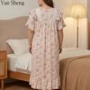 Floral Print Nightgown Women V‑Neck Lace Ruffle Short Sleeve Midi Loose Plus Size Romantic Pastoral Casual Sleepwear