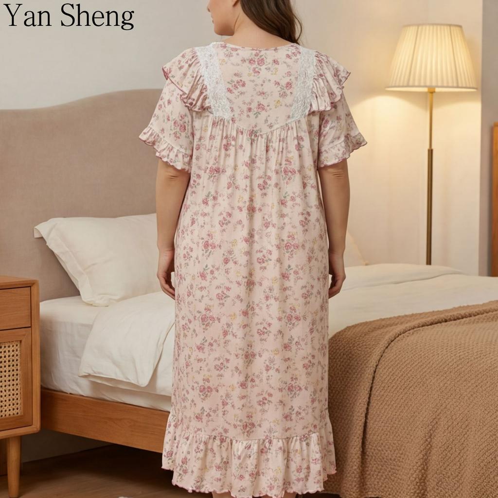 Floral Print Nightgown Women V‑Neck Lace Ruffle Short Sleeve Midi Loose Plus Size Romantic Pastoral Casual Sleepwear