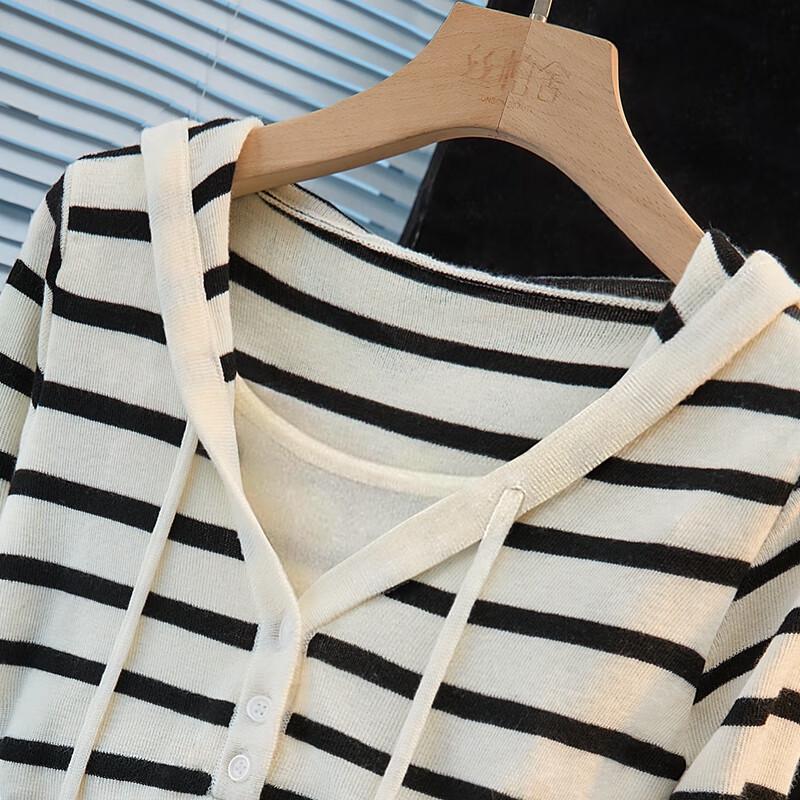 Women's Slim Fit Faux Two-Piece Striped Hooded Knit Top