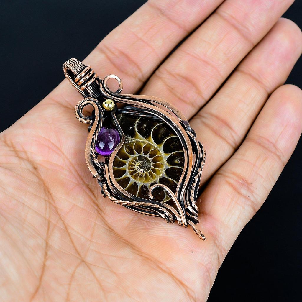 Ammonite Fossil & Amethyst 999 Copper Wire Wrapped Pendant, Handmade Gemstone Jewelry Pendant For Memorial Day