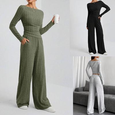 Fashion  Knitted 2 Piece Sets Women Tracksuit Long Sleeve Vintage Sweater Crop Top Flare Pants Stretch Matching Suit Outfit
