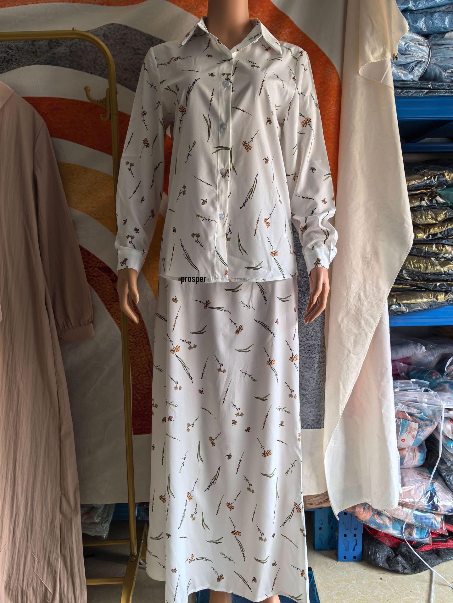 

В наличии Женский европейский и американский трансграничный 2024 комплект рубашки с длинным рукавом и юбки миди приталенного кроя с принтом M