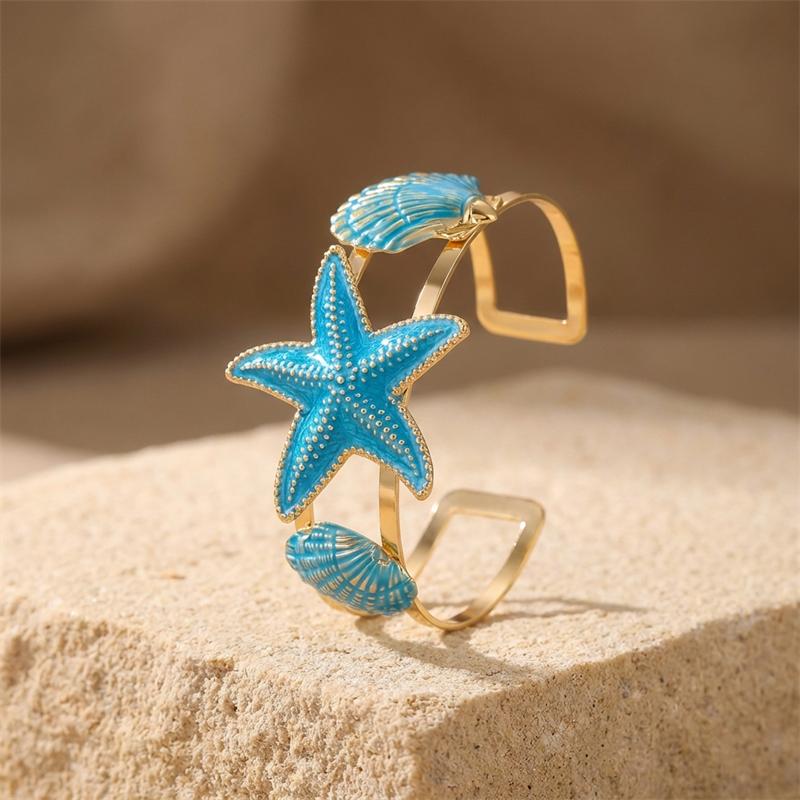 Boho Blue Enamel Metal Starfish Shell Cuff Bracelets for Women Vintage Punk Adjustable Arm Bracelet Beach Party Vacation Jewelry