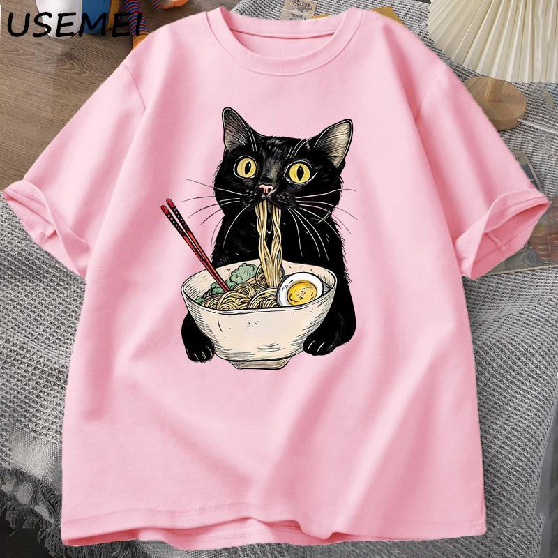

Noodle Ramen Cat TShirt Foodie Lover T Shirts Black Cat Noodle TShirts Retro Casual Short Sleeve Tshirt for Men Women Clothes 3XL