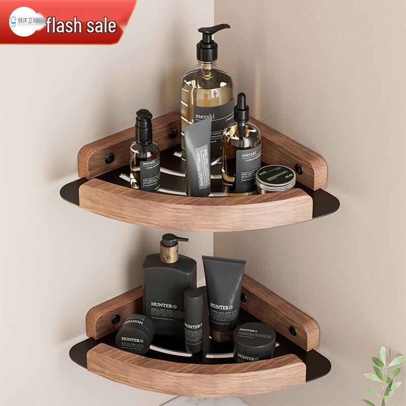 Solid Wood Corner Bathroom Shelf - No-Drill Triangle Storage for Washbasin & Shower Gel