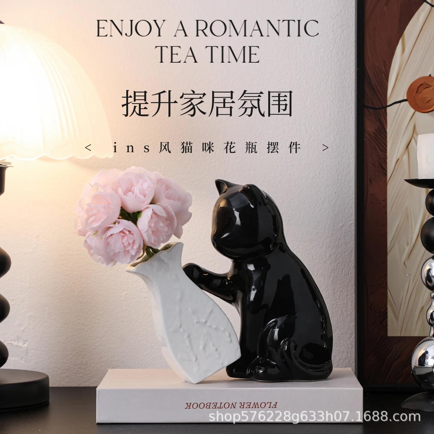 

Керамическая ваза-орнамент в виде кошки, креативный черный котенок с наклонной вазой для цветов, художественное украшение для дома, гостиной, столовой, рабочего стола