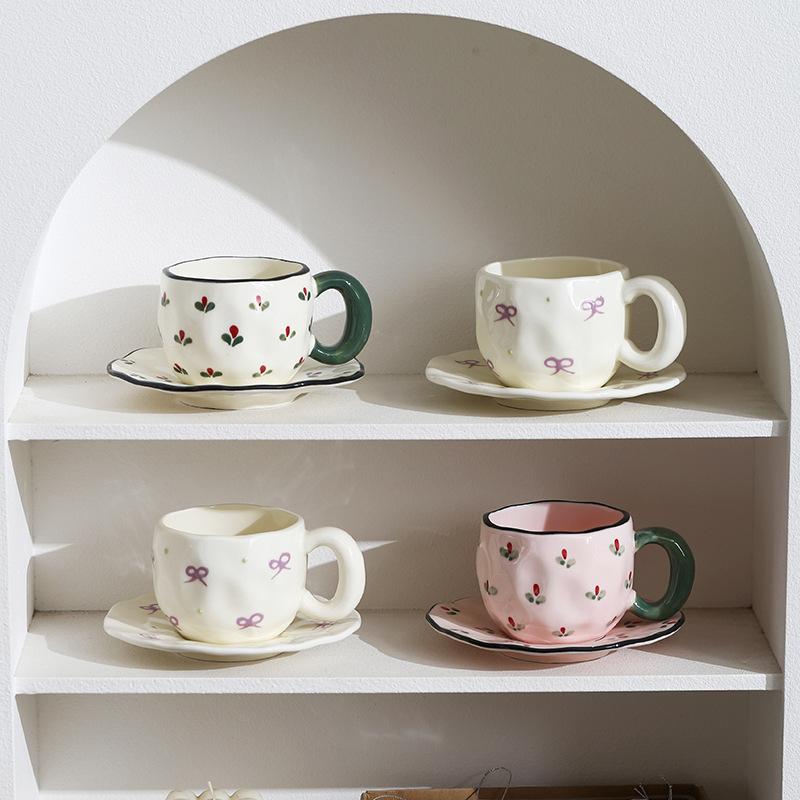 Embossed bow underglaze ceramic coffee cup and saucer set cute water cup with tray