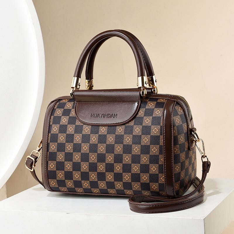 Stylish Large Capacity Commute Bag For Women Trendy Pillow Boston Shoulder Bag Coffee Check