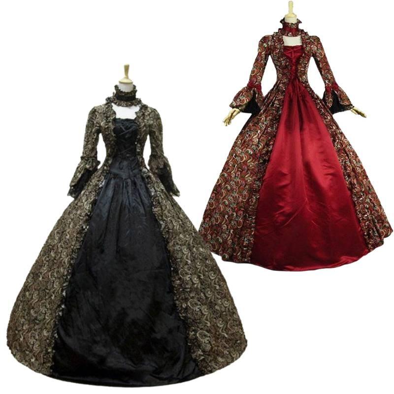 Dress Victoria Court Long Sleeved Flared Print Skirt Cosplay Costume Halloween