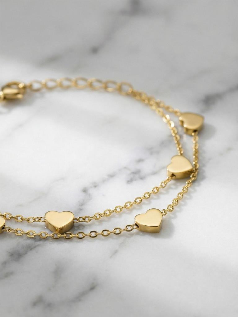 Elegant EU-US Style Double-Layer Heart Bracelet - Cute, Simple, 18K Gold-Plated Stainless Steel Jewelry