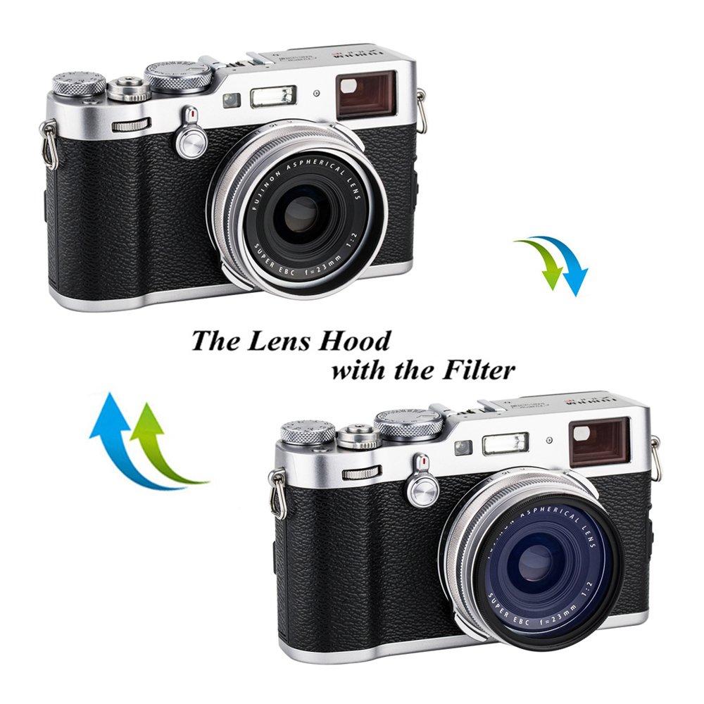 JJC Metal Square Lens Hood + Hood Cap & 49mm Thread Adapter Ring for Fujifilm X100VI, X100V, X100F, X100T, X100S, X100, X70, LH-X100 & AR-X100, Silver