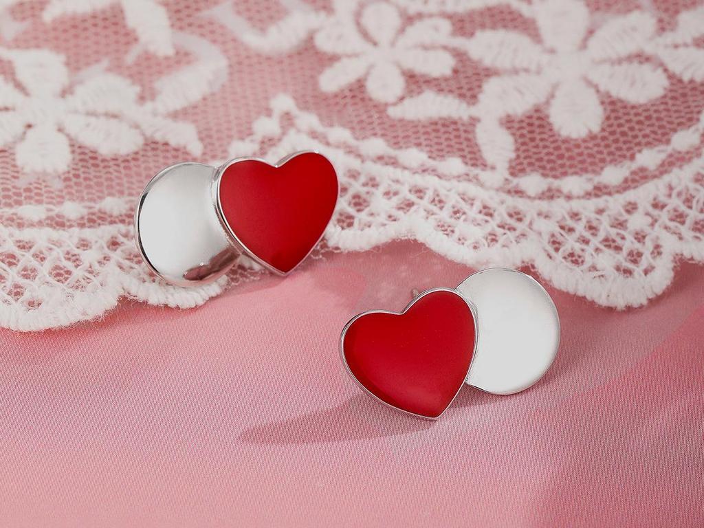New Year S925 Sterling Silver Asymmetrical Red Heart Splicing Stud Earrings - Korean Light Luxury Jewelry