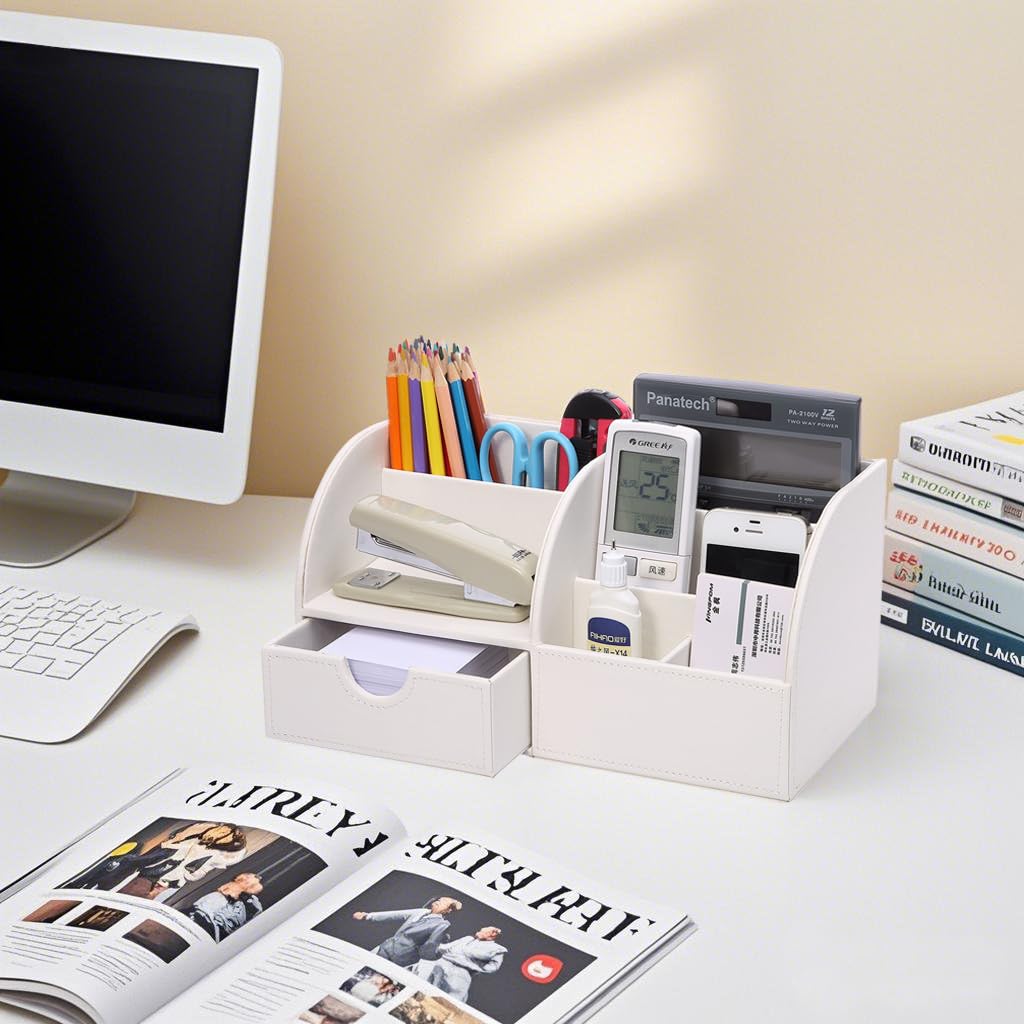 KINGFOM PU Leather Desk Storage Desktop Stationery Stationery Remote with Stylish Box/Storage Case, Organizer, Pen/Pencil Holder, Storage, Stand,