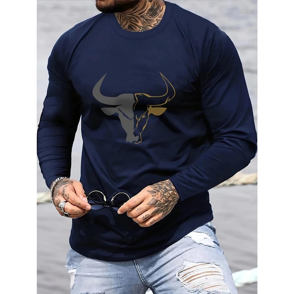 Spring and Autumn Round Neck 3D Bull Head Graphic Printed Top Fashionable Casual Long Sleeved Men's T-shirts
