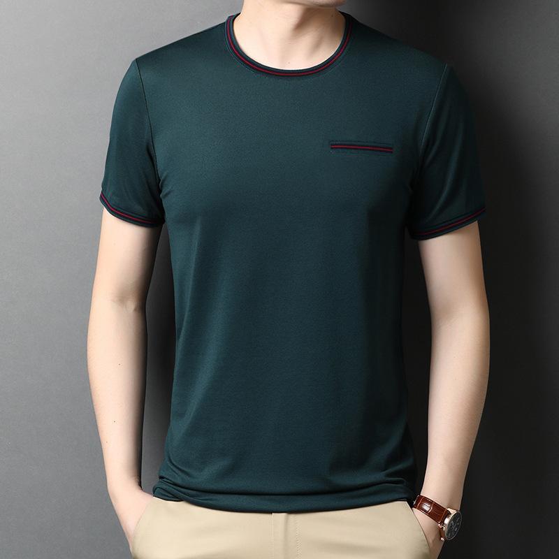 Summer Men's Mulberry Silk Thin Short-sleeved T-shirt Youth Edition Topstitch Fashion Pullover Mercerized Trendy Sweatshirt