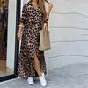 Women's Summer New Style Long-sleeved Casual Shirt Skirt Long Printed Split V-neck Large Size Loose Dress