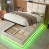 90x200 cm Velours Polsterbett mit höhenverstellbarem Kopfteil - USB/Type-C, LED-Beleuchtung, Hydraulischer Lift, XXL-Stauraum (ohne Matratze) - beige