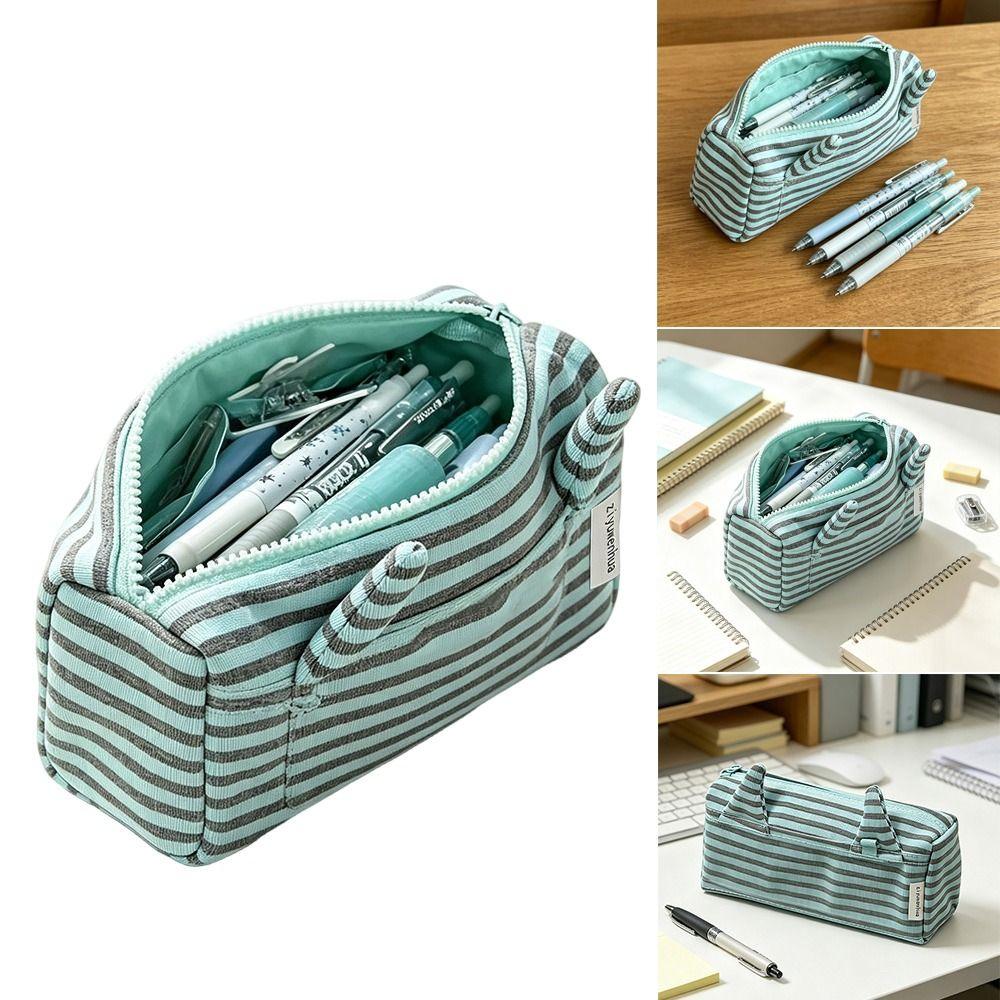 INS Mint Green Stripe Pencil Case Large Capacity Devil Horn Pen Bag with Transparent Pocket Stationery Bag Students
