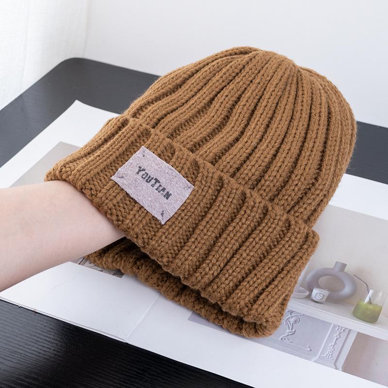 Pălărie cu etichetă din piele de epocă, șepci de toamnă și iarnă pentru femei, pălării din fire tricotate cu dungi calde