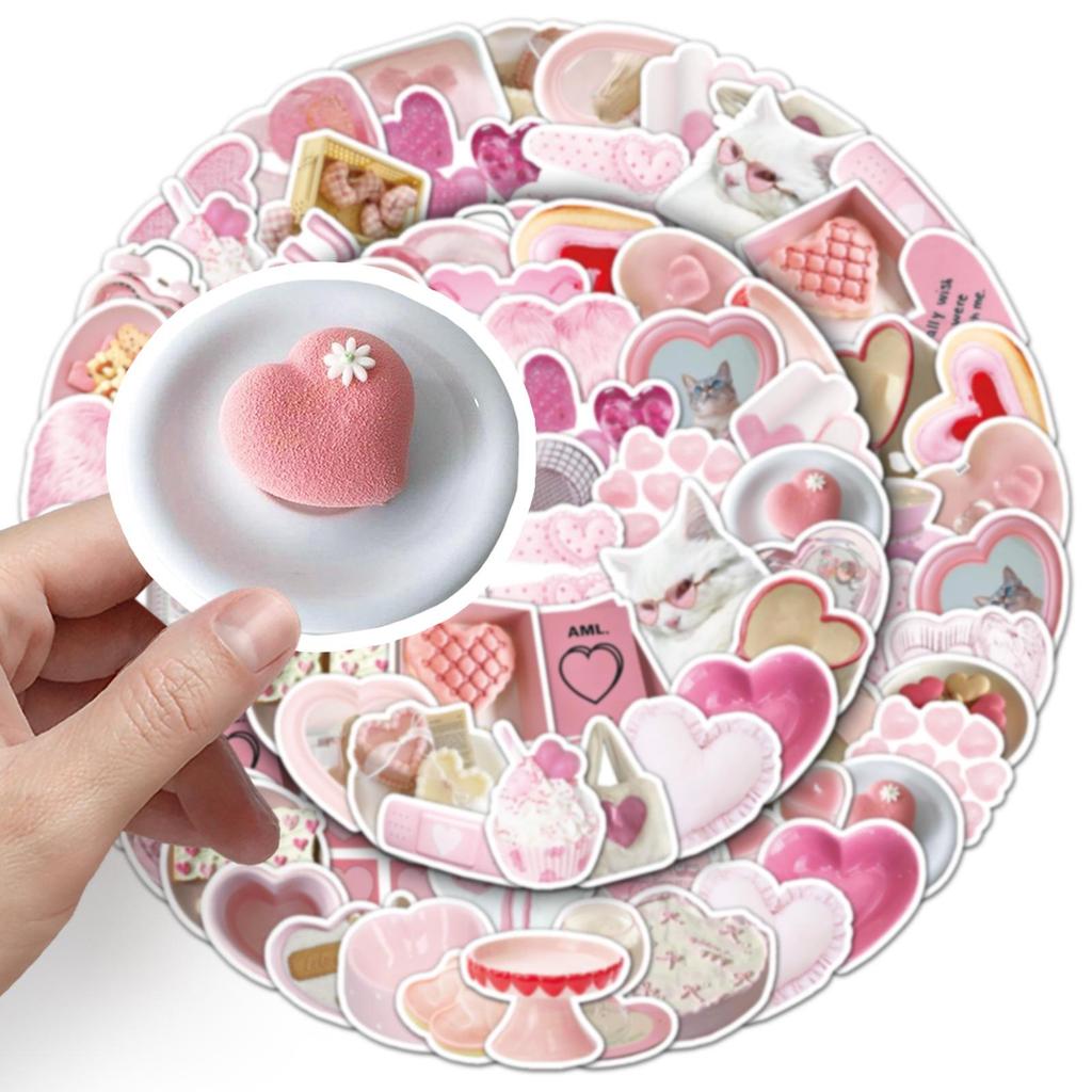 50 Heart-Shaped Pink Waterproof Stickers for Journals, Cups, and Decor