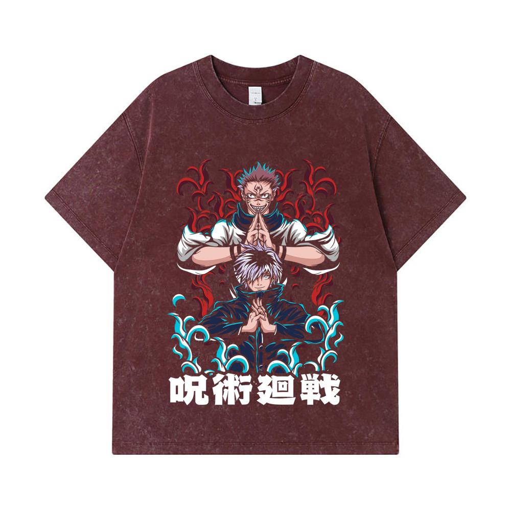 275 GSM Washed T-shirts 100% Cotton Jujutsu Kaisen V49 Gojo Sukuna Print Unisex Heavy Cotton T Shirt