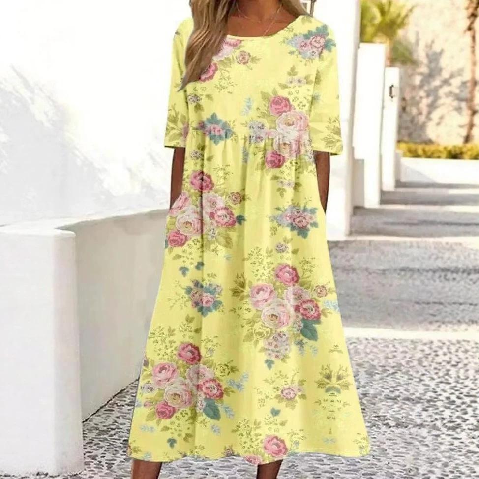 Light Gray Yellow Flower Printed Cotton and Linen Long Dress Round Neck Seven-quarter Sleeve Belly Cover Lazy Versatile Seaside Vacation Pocket Dress
