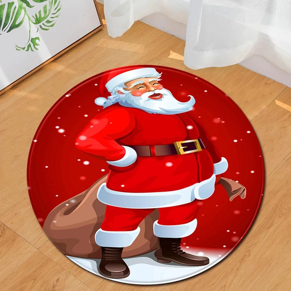 Santa Claus Round Carpet Christmas Theme Rug for Kids Teen New Year's Gift Living Room Bedroom Decor Anti-Slip Circle Floor Mat