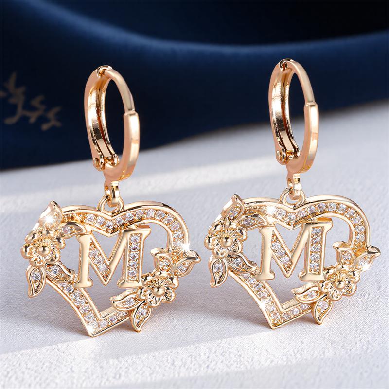 Vintage Hollow Love Heart Flower A-Z 26 Letters Hoop Earrings Yellow Gold Color White Zircon Earring Wedding Jewelry For Women